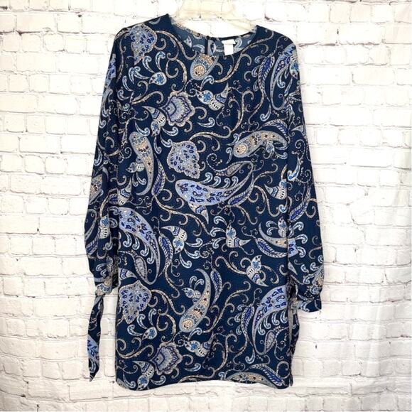 H&M Wms Blue Tan Paisley Shift Dress Size 10 Tie Knot Sleeve Knee Length Fall - Picture 1 of 9
